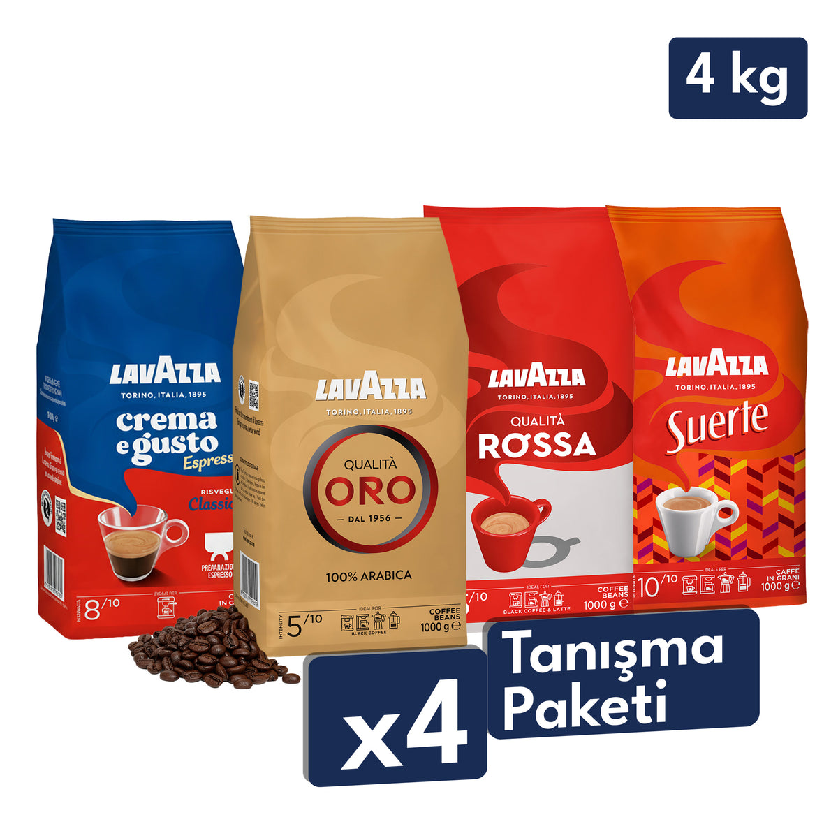 Qualità Oro, Crema e Gusto Classico, Qualità Rossa, Suerte 1 Kg Espresso Çekirdek Kahve Tanışma Paketi