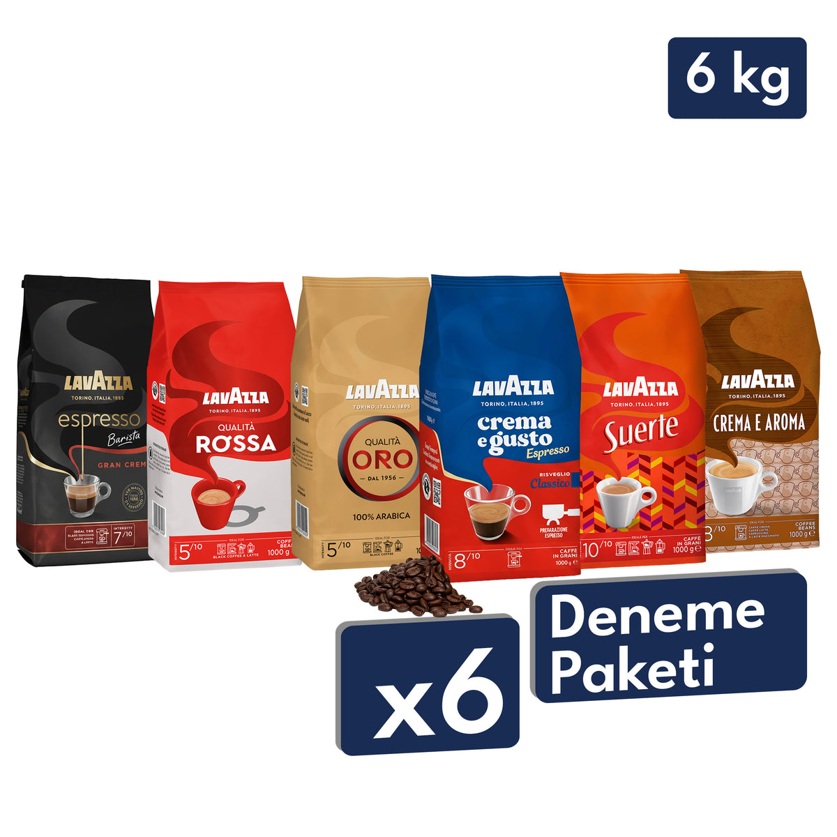 Qualità Rossa, Crema e Aroma, Crema e Gusto Classico, Espresso Barista Gran Crema, Qualità Oro, Suerte 1 Kg Espresso Çekirdek Kahve Tanışma Paketi